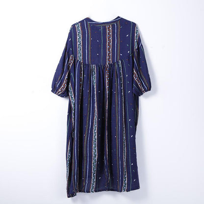 Printing Beige Women Stand Collor Cotton Dress