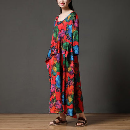 Printing Long Sleeve Loose Round Neck Polyester Dress