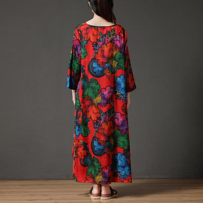Printing Long Sleeve Loose Round Neck Polyester Dress