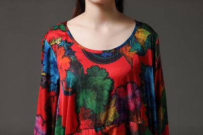 Printing Long Sleeve Loose Round Neck Polyester Dress