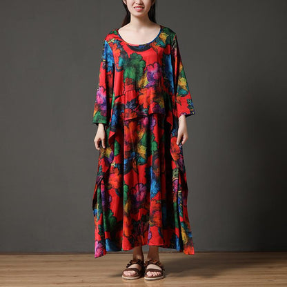 Printing Long Sleeve Loose Round Neck Polyester Dress