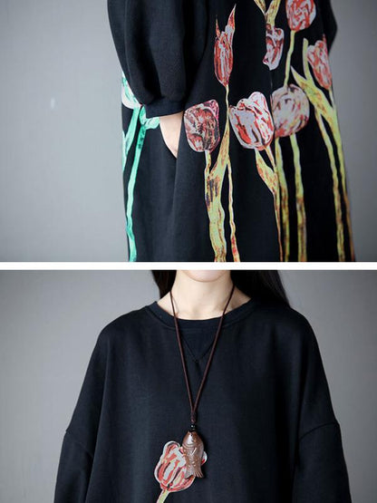 Buykud Pullover Floral Printed Loose Comfortable Dress