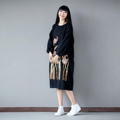 Buykud Pullover Floral Printed Loose Comfortable Dress
