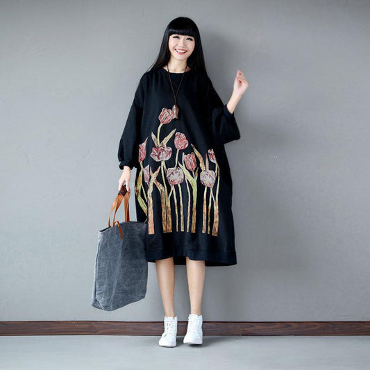 Buykud Pullover Floral Printed Loose Comfortable Dress