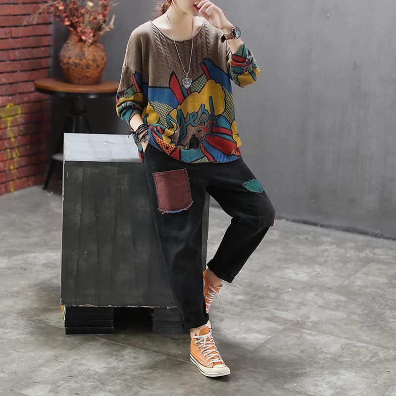 Pullover Thin Printed Loose Knitting Shirt