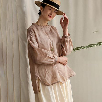 Pure Color Box Pleat Collar Casual Plus Size Blouse