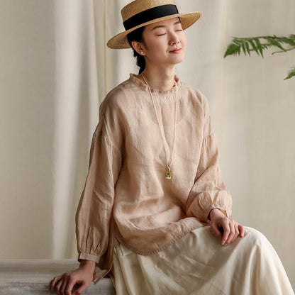 Pure Color Box Pleat Collar Casual Plus Size Blouse