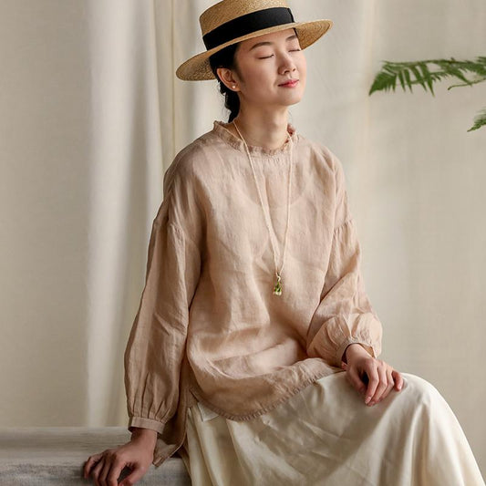 Pure Color Box Pleat Collar Casual Plus Size Blouse