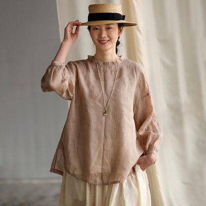 Pure Color Box Pleat Collar Casual Plus Size Blouse