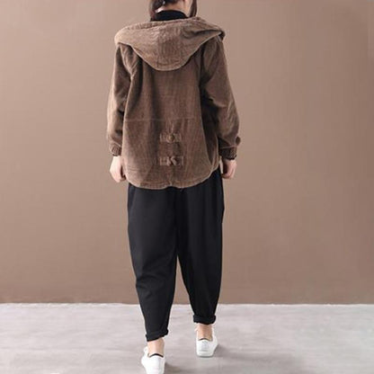 Pure Color Corduroy Casual Hooded Coat