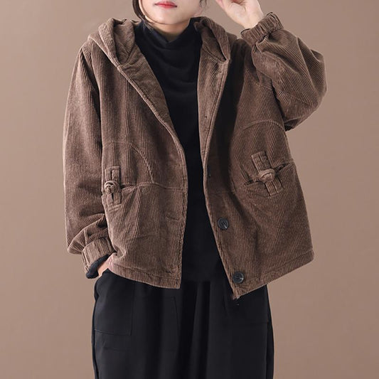 Pure Color Corduroy Casual Hooded Coat