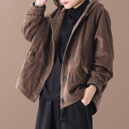 Pure Color Corduroy Casual Hooded Coat