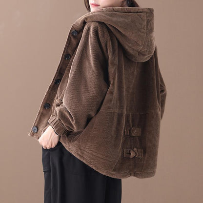 Pure Color Corduroy Casual Hooded Coat