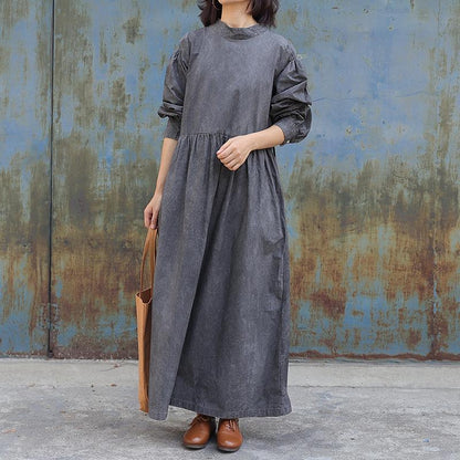 Pure Color Drawstring Retro Comfortable Dress