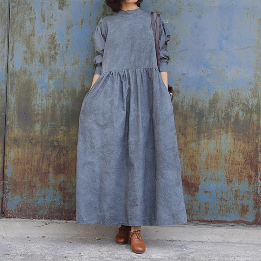 Pure Color Drawstring Retro Comfortable Dress