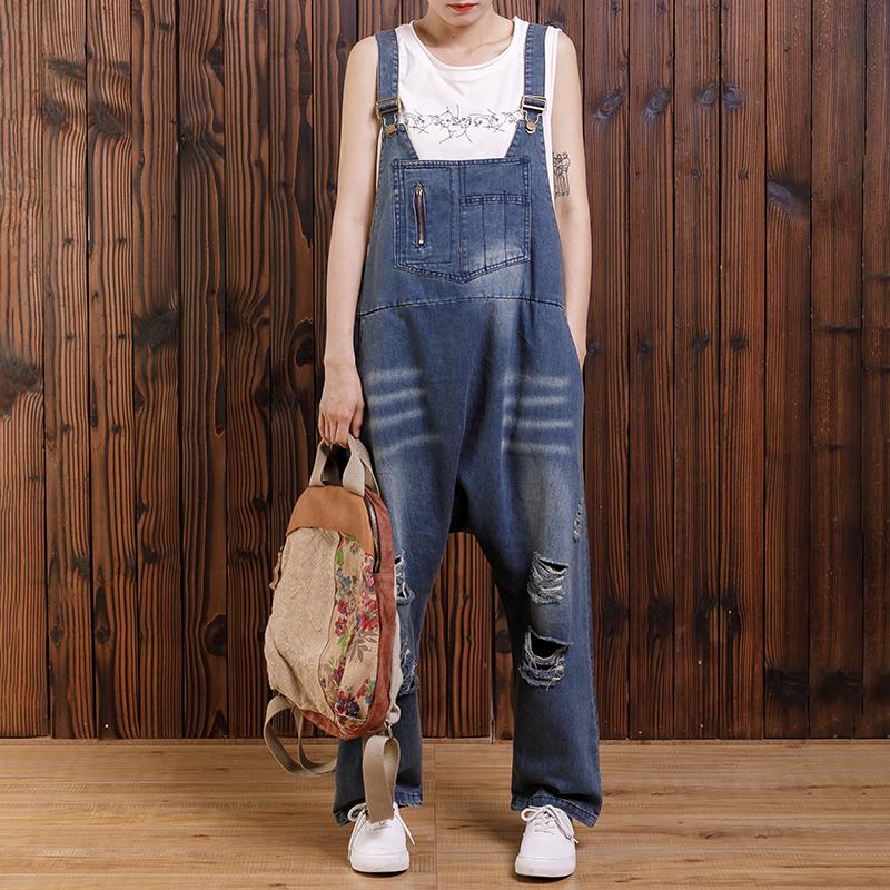 Pure Color Hole Loose Casual Jumpsuit