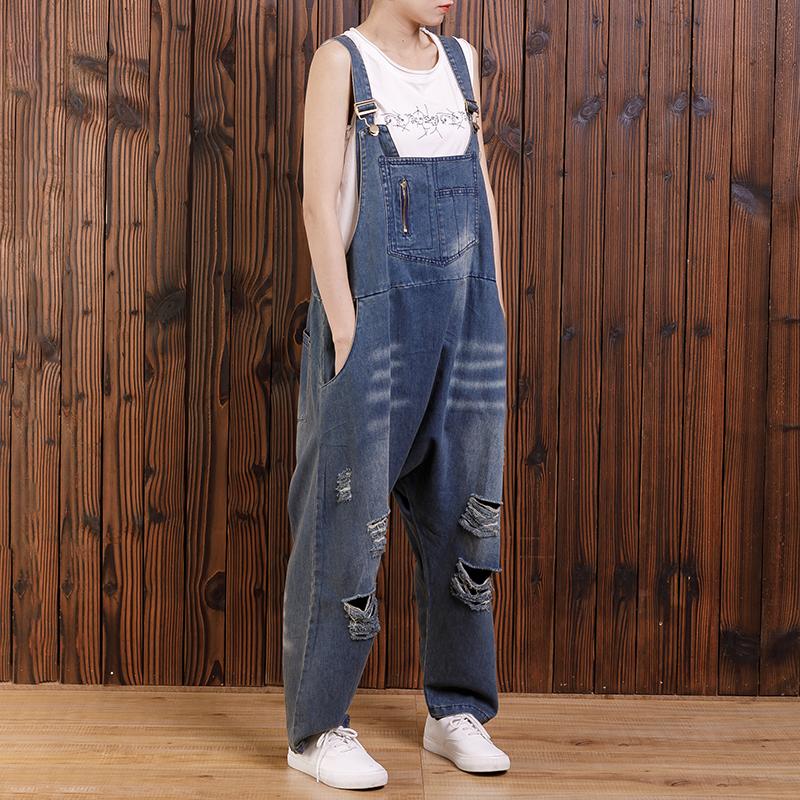Pure Color Hole Loose Casual Jumpsuit