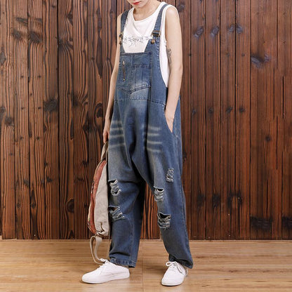 Pure Color Hole Loose Casual Jumpsuit
