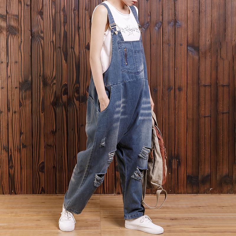 Pure Color Hole Loose Casual Jumpsuit