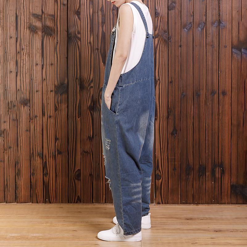 Pure Color Hole Loose Casual Jumpsuit