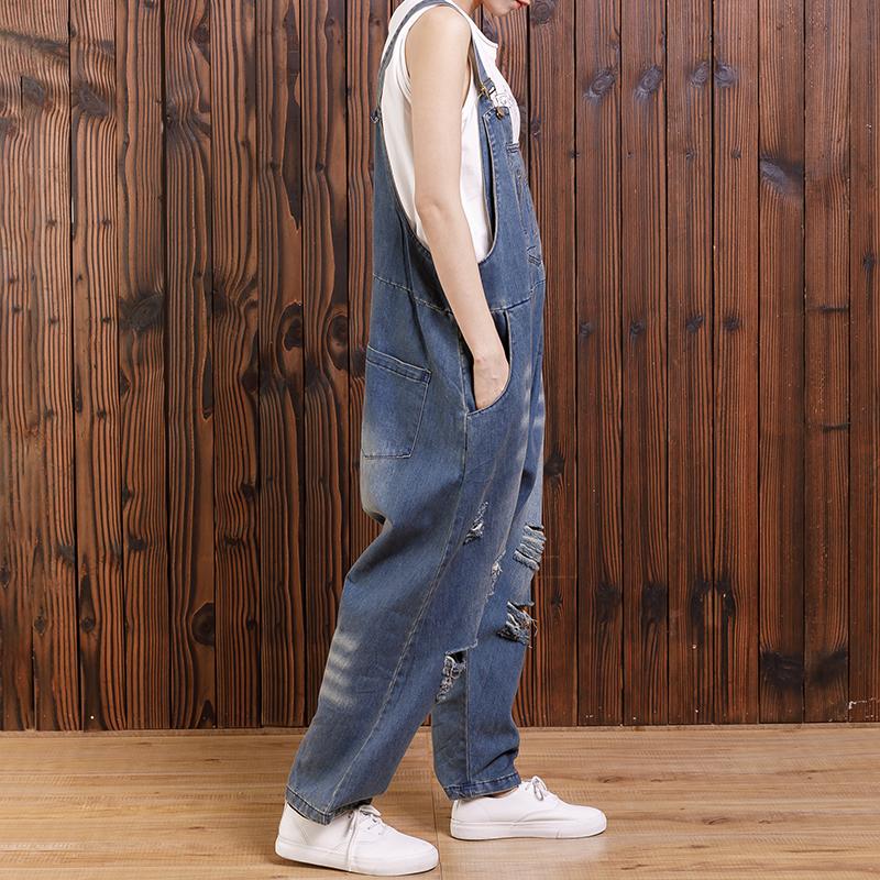 Pure Color Hole Loose Casual Jumpsuit