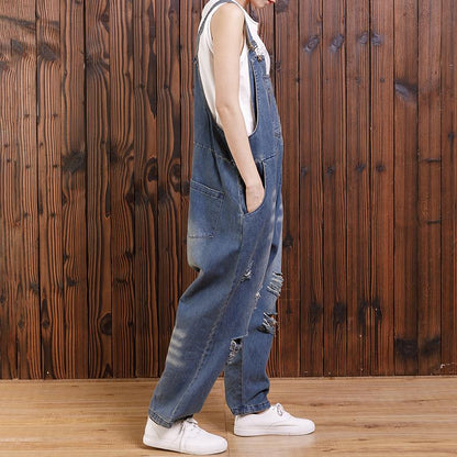 Pure Color Hole Loose Casual Jumpsuit