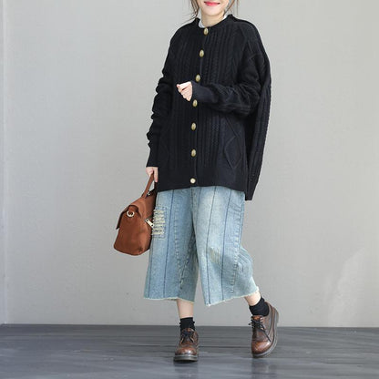 Buykud Pure Color Single Breasted Loose Sweater