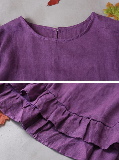 Pure Color Spliced Back Button Casual Blouse