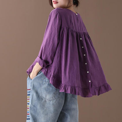 Pure Color Spliced Back Button Casual Blouse