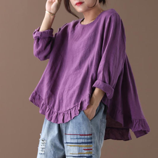 Pure Color Spliced Back Button Casual Blouse