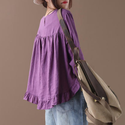 Pure Color Spliced Back Button Casual Blouse