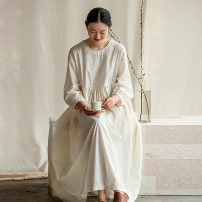 Pure Color Spliced Elegant Loose Cotton Dress