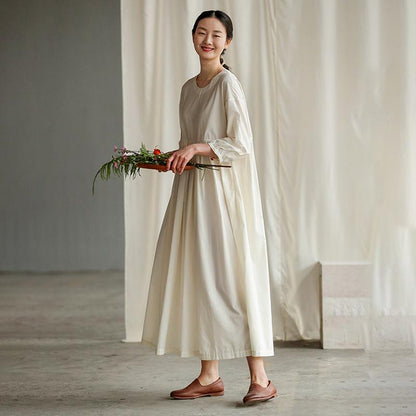 Pure Color Spliced Elegant Loose Cotton Dress