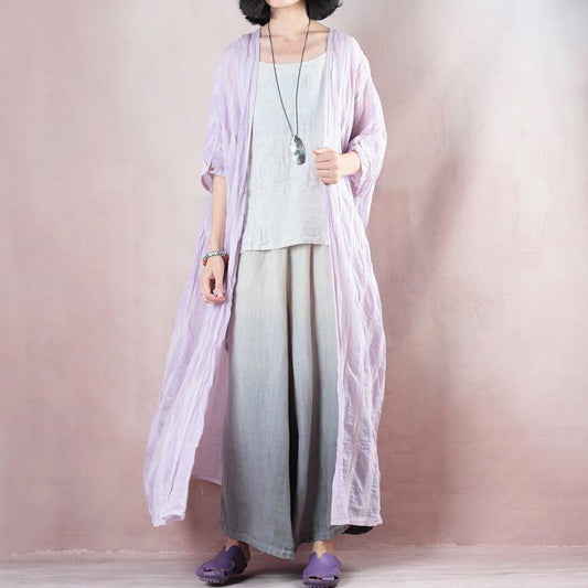 Purple Loose Linen Stripe Women Cloak