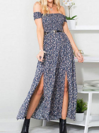 Beautiful Polka-dot Off Shoulder Side Split Maxi Dress