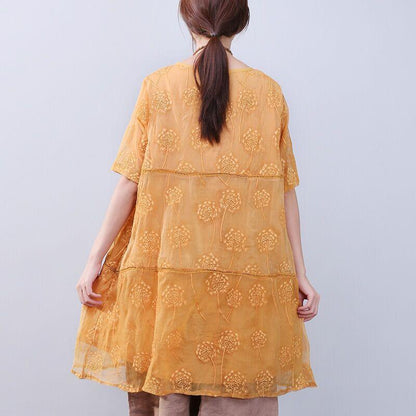Women Elegant Loose Floral Shoulder Sleeves Yellow Dress
