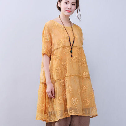 Women Elegant Loose Floral Shoulder Sleeves Yellow Dress