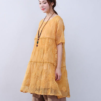 Women Elegant Loose Floral Shoulder Sleeves Yellow Dress