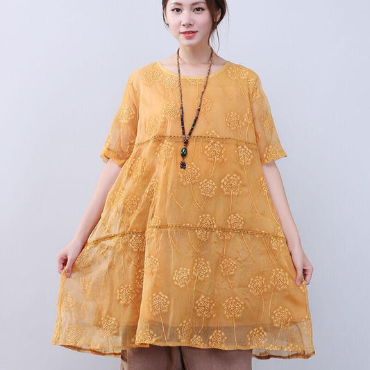 Women Elegant Loose Floral Shoulder Sleeves Yellow Dress