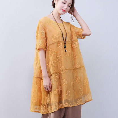 Women Elegant Loose Floral Shoulder Sleeves Yellow Dress