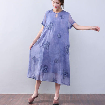 Women Retro Loose Casual Cotton Short Sleeves Jacquard Purple Dress