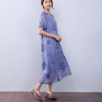 Women Retro Loose Casual Cotton Short Sleeves Jacquard Purple Dress