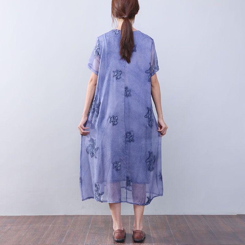 Women Retro Loose Casual Cotton Short Sleeves Jacquard Purple Dress