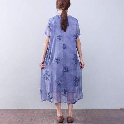Women Retro Loose Casual Cotton Short Sleeves Jacquard Purple Dress
