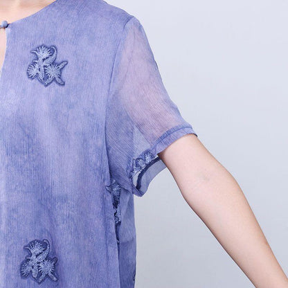 Women Retro Loose Casual Cotton Short Sleeves Jacquard Purple Dress