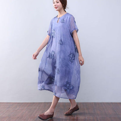 Women Retro Loose Casual Cotton Short Sleeves Jacquard Purple Dress