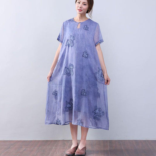Women Retro Loose Casual Cotton Short Sleeves Jacquard Purple Dress