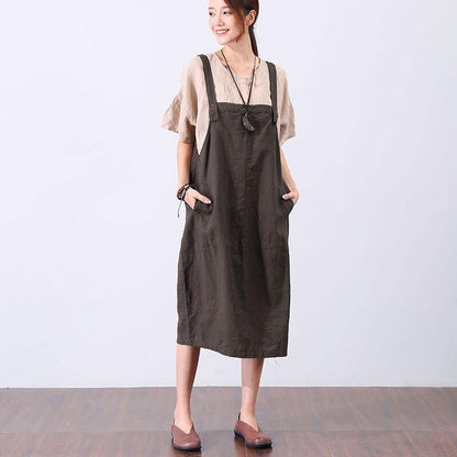 Casual Loose Pocket Women Brown Vest Dress