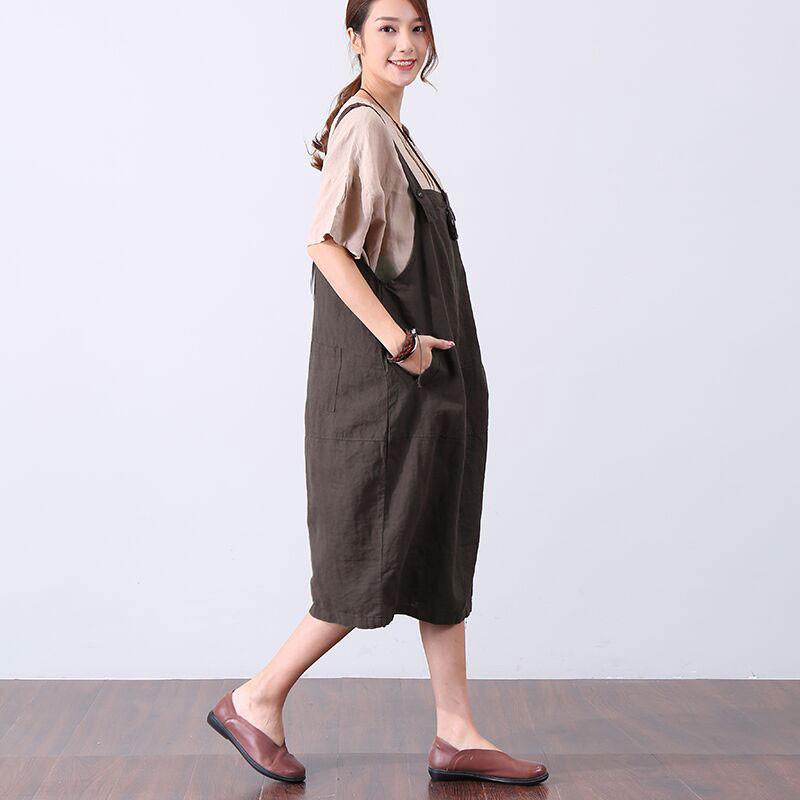 Casual Loose Pocket Women Brown Vest Dress