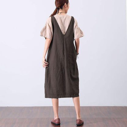 Casual Loose Pocket Women Brown Vest Dress